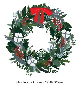 Christmas decoration wreath, evergreen branches, pine, berries, door wreath. Advent wreath