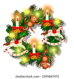 Christmas decoration wreath, garland isolated on a white background. Vector cartoon close-up illustration