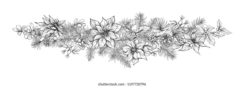 Christmas decoration, a wreath made of fir branches, puancetti, pine, holly, mistletoe, dog rose. Isolated on white background. Graphic drawing, engraving style. vector illustration.
