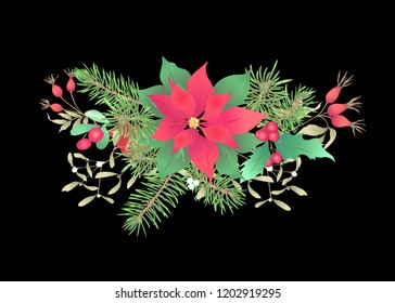 Christmas decoration, a wreath made of fir branches, puancetti, pine, holly, mistletoe, dog rose. Isolated on black background. Colored vector illustration.
