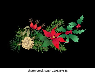 Christmas decoration, a wreath made of fir branches, puancetti, pine, holly, mistletoe, dog rose. Isolated on black background. Colored vector illustration.
