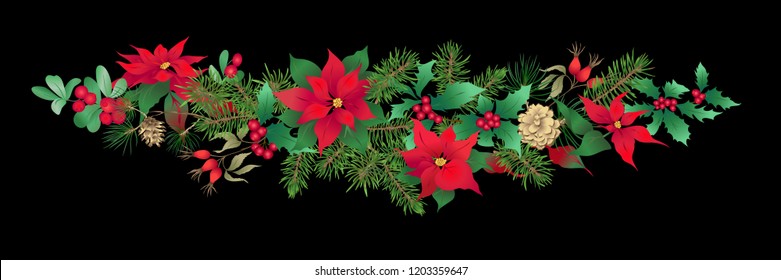 Christmas decoration, a wreath made of fir branches, puancetti, pine, holly, mistletoe, dog rose. Isolated on black background. Colored vector illustration.
