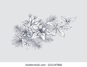 Christmas decoration, a wreath made of fir branches, puancetti, pine, holly, mistletoe, dog rose. Isolated on grey background. Graphic drawing, engraving style. vector illustration.
