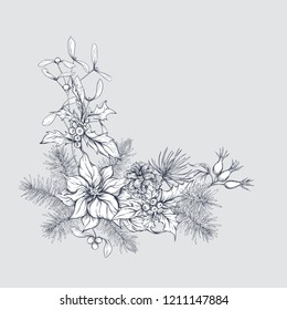 Christmas decoration, a wreath made of fir branches, puancetti, pine, holly, mistletoe, dog rose. Isolated on grey background. Graphic drawing, engraving style. vector illustration.
