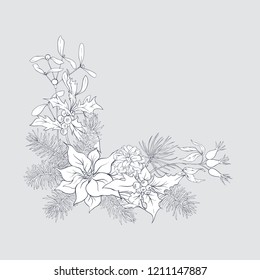 Christmas decoration, a wreath made of fir branches, puancetti, pine, holly, mistletoe, dog rose. Isolated on grey background. Graphic drawing, engraving style. vector illustration.
