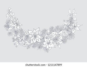Christmas decoration, a wreath made of fir branches, puancetti, pine, holly, mistletoe, dog rose. Isolated on grey background. Graphic drawing, engraving style. vector illustration.
