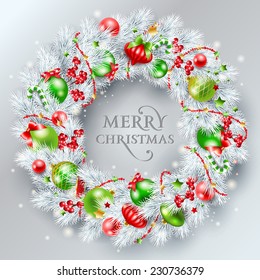 Christmas decoration. The wreath made of white pine branches with red and green balls. Vector illustration.