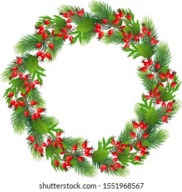 Christmas decoration wreath. Merry Christmas greeting card with a realistic colorful wreath of pine tree branches