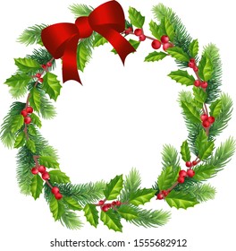 Christmas decoration wreath. Merry Christmas greeting card with a realistic colorful wreath of pine tree branches