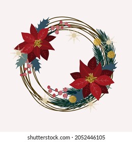 Christmas decoration, a wreath of Christmas tree branches, poinsettia, balls, snowflakes, stars, festive decor, New Year