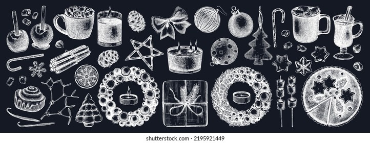 Christmas decoration - wreaths, gifts, sweets, Christmas tree decor, hot drinks and spices sketches. Vintage design elements for winter holyday on chalkboard. New Year greeting card or invitation.