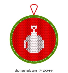 Christmas decoration. Xmas ball in scandinavian style on red knitted fabric.Background for New Year. Pattern knit. Flat vector cartoon illustration. Objects isolated on white backdrop..