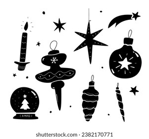 Christmas decoration and xmas ornaments in cute flat style. Black and white illustration.