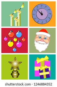 Christmas decorations and accessories. Christmas balls, Santa's face, clock, candle and more. Vector set