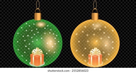 Christmas decorations ball. Set of glass Christmas tree balls on transparent background. Vector graphics of Christmas tree toys on black background.snowflakes in ball.