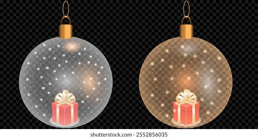 Christmas decorations ball. Set of glass Christmas tree balls on transparent background. Vector graphics of Christmas tree toys on black background.snowflakes in ball.