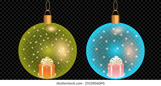Christmas decorations ball. Set of glass Christmas tree balls on transparent background. Vector graphics of Christmas tree toys on black background.snowflakes in ball.
