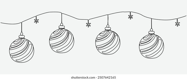 Weihnachtsdekorationen mit Weihnachtskugel und Schneeflocken leicht durchgehende einzeilige Kunstzeichnung. Frohe Weihnachten Thema Linie Kunst Hintergrund.	