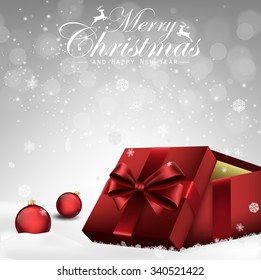 Christmas decorations balls and gift box background .Vector