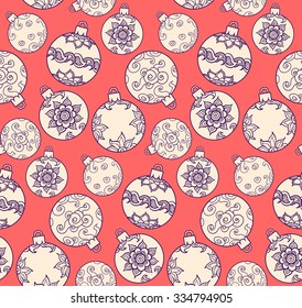 Christmas decorations with balls. New Year background. Retro illustration. Seamless pattern/