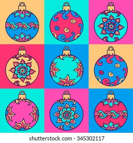 Christmas decorations with balls. New Year background. Retro illustration. Seamless pattern.