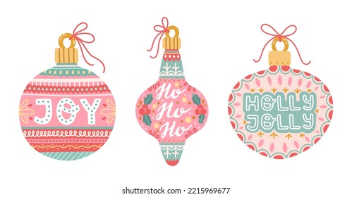 Christmas decorations balls set with lettering flat design vector