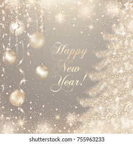 Christmas decorations balls and christmas tree. Holiday Christmas club poster. Party New Year design banner. Vector gold and silver glitter luxury snowflake with lights effects. Covers corporate xmas.
