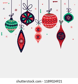 Christmas decorations balls. Vector set of snowflakes. New Year background