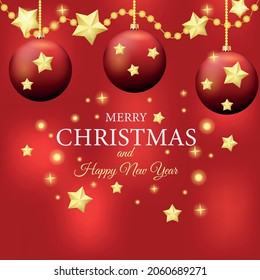 Christmas decorations. Banner Merry Christmas and Happy New Year. 2022 year. Holiday. Realistic style. Concept. Tradition. Stock Vector illustration. Red background. Stars.Firework. Celebration.