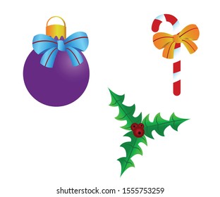Christmas decorations, bauble, candy cane and mistletoe. Vector paths, printable elements.