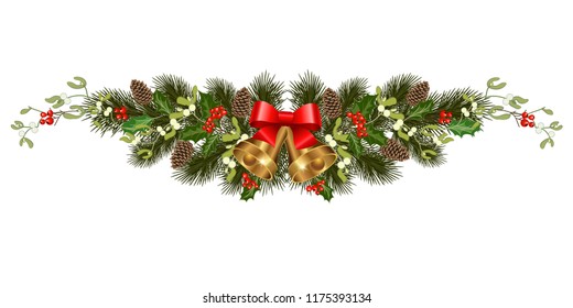 Decorações de Natal com sinos, abeto, pinhas, visco, azevinho, bagas e elementos decorativos. Elemento de design para decoração de Natal. Ilustração vetorial