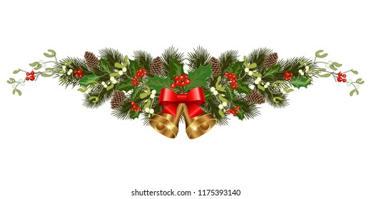 Christmas decorations with bells, fir tree, pine cones, mistletoe, holly, berries and decorative elements. Design element for Christmas decoration. Vector illustration