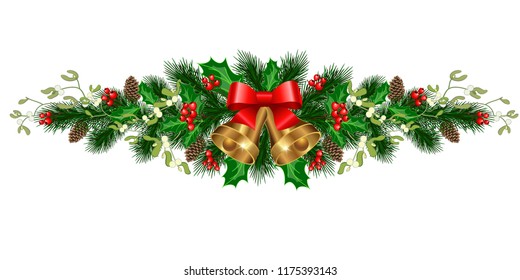 Christmas decorations with bells, fir tree, pine cones, mistletoe, holly, berries and decorative elements. Design element for Christmas decoration. Vector illustration