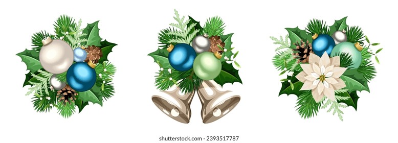 Christmas decorations with blue and silver Christmas balls, bells, fir branches, pinecones, poinsettia flowers, holly, and mistletoe isolated on a white background. Hand-drawn illustration, not AI