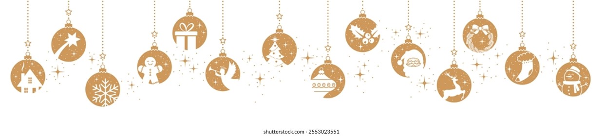 Christmas decorations border, gold hanging balls banner