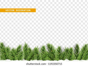 Christmas decorations. Border Xmas with pine tree branches and ornaments isolated on a transparent background. Vector illustration