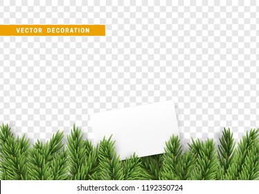 Christmas decorations. Border Xmas with pine tree branches and ornaments isolated on a transparent background. Paper frame for text Vector illustration