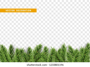 Christmas decorations. Border Xmas with pine tree branches and ornaments isolated on a transparent background.