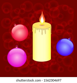 Christmas decorations with candle on a background of red bokeh