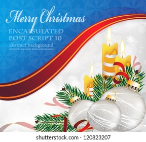 Christmas decorations, candles and fir branches on a blue and white background with red ribbon