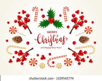 Christmas decorations with candy canes, sweets, pine cones and holly berries on white background. Illustration can be used for holiday design, cards, invitations, posters, postcards and banners.