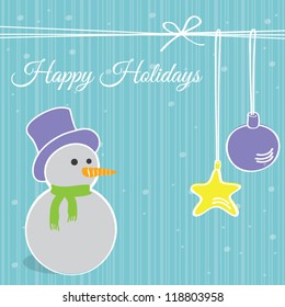 Christmas decorations card with snowman, seasonal greeting card, vector illustration
