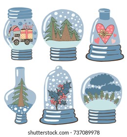 Christmas decorations, collection of glass gifts and balls. Christmas and New year theme. Hand drawn vector design for holiday postcards, greeting cards, prints, t-shirt.