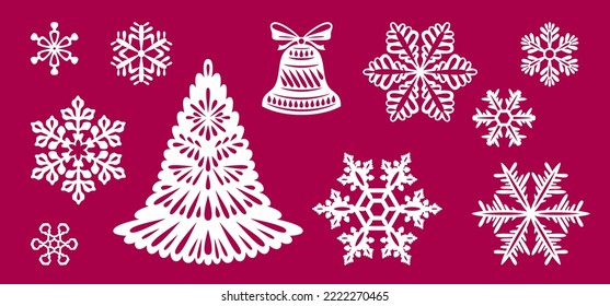 Weihnachtsdekorationskollektion. Laser-Schneidevorlagen-Set. Vektorgrafiken. Weihnachtsbaum, Glocke und verschiedene Schneeflocken.