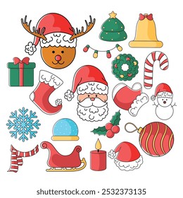 Christmas decorations collection with reindeer and Santa, Vector