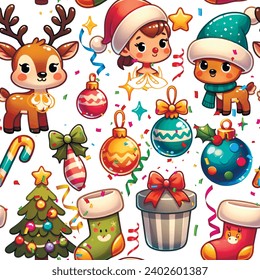 Decoración navideña colorido dibujo acuarela patrón sin fisuras. Santa claus, reno, serpentinas, muñecas con alegres navidades de fondo vectorial. Diseño bonito y gracioso decorativo para los niños.