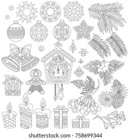 Christmas decorations. Coloring page of vintage retro decor elements. Collection of beautiful holiday ornaments for 2018 New Year greeting card or adult antistress coloring book in zentangle style.