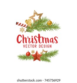 Christmas decorations composition with fir tree branches, wooden stars and baubles. Vector illustration