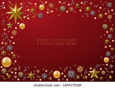 Christmas decorations with copy space in a frame and text on red background
