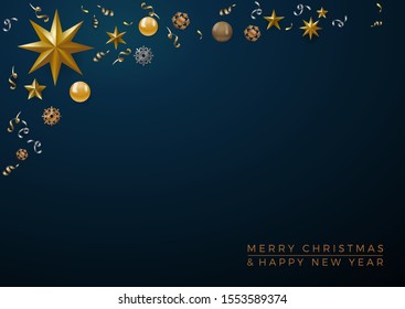 Christmas decorations with copy space in a frame and text on blue background